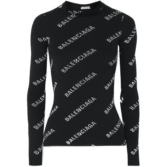 Balenciaga | Sweaters | Balenciagablack Ribbed Diagonal Logo Crewneck Xs |  Poshmark